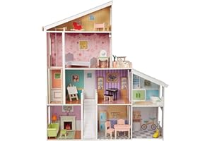 Amazon Basics 4-Story Wooden Dollhouse and Furniture Accessories for 30.48 cm Dolls, 132.1 x 35.6 x 139.7 cm