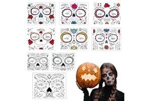 DOKEI Tatuaje Cara Temporales Halloween, 9 hojas Día de los Muertos Cráneo Cara Tatuajes Pegatinas de Maquillaje para Halloween Carnaval Mascarada Disfraz Cosplay Regalo Fiesta de Horror