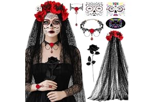SelfTek Dia De Los Muertos kostym dam halloween karneval | Halloween kostym damer de dödas dag hårband och ansikte tatueringar slöja ansiktsstatoo de dödas dag hårsmycke