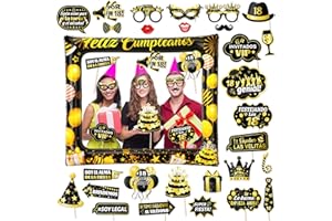 HOWAF Photocall Feliz 18 Cumpleaños 28Pcs Accesorios + Marco Hinchable Oro Negro