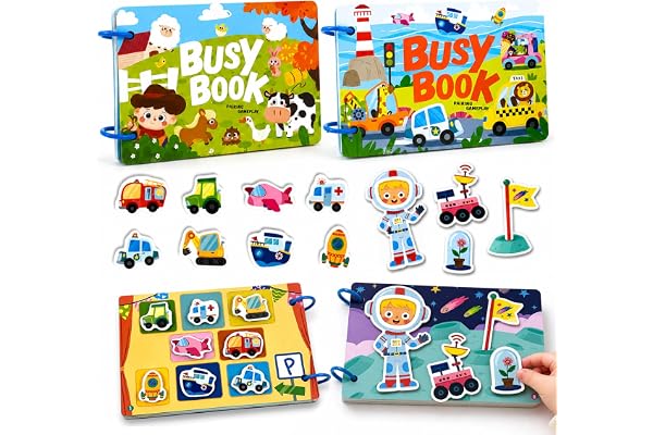 Guopai Montessori Busy Book med 2 böcker, tyst bok och upptagen styrelse med matchande spel, pedagogisk gård och transport, sensoriskt resespel