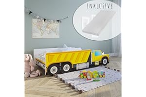 ‎KIDS COLLECTIVE Kids Collective Car Bed, Children’s Bed, 70 x 140 cm, 80 x 160 cm, with Fall Protection and Mattress, Construction Site Digger Crane, Dump Loader, Children’s Play Bed