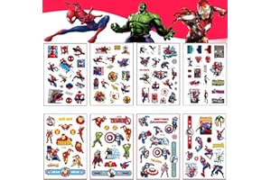POPOYU 8 Sheets Marvel Avengers Tattoo Stickers, 120+ Superhero Patterns Temporary Fake Face Body Tattoo Stickers for Spider Man Iron Man Hulk Captain America Favors Party Kids Boys School Rewards Gifts