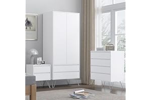 HARMIN Modern White Bedroom Furniture Set with Metal Hairpin Legs, 3-Piece Storage Collection, Wardrobe, 4-Drawer Chest, 2-Drawer Bedside Table
