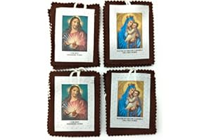 OVUNQUE PROTEGGIMI Scapolare Madonna del Carmelo e Sacro Cuore di Gesù. Misura grande. Tessuto morbido. Set di 4 pezzi. CM L 9,5 x L 7,5