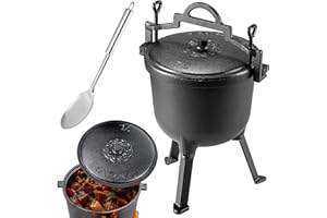 KADAX Hunting Kettle, Cast Iron Cooking Pot with Feet, Cast Iron Dutch Oven for Garden, Campfire, Camping, BBQ, Fire Pot with Lid (7 L with Spoon)