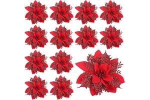 YUKIYI 12 Pieces 5.5 Inches Large Red Christmas Flower Poinsettia Artificial Flowers Xmas Decorations Wreaths DIY Supplies