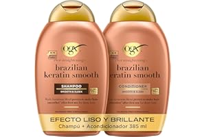 OGX Ever Straightening + Brazilian Keratin Smooth Shampoo y Conditioner, set de champú y acondicionador alisador con keratina, sin sulfatos, para pelo rizado, 2x385 ml