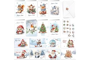 DPKOW 16 Carte Noel avec Enveloppe Autocollants, Joyeux Noël Cartes Cadeau en Français, Cartes de Vœux Noël Animaux Cartes de Félicitations Cerf Écureuil Lapin, Cartes de Noël d'hiver pour la Famille