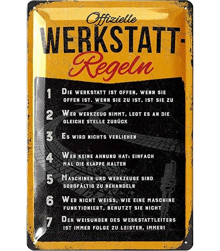 Wandschild 'Werkstatt-Regel' - 20x30 Cm, Metall, Humorvoller Spruch, Deko Für Werkstatt, Garage Oder Männerzimmer