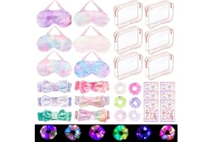 Chovbe 30 Pcs Sleepover Party Supplies for Girls - 6 Bow Headbands, 6 Makeup Bags, 6 Plush Eye Masks, 6 Scrunchies, 6 Thank You Cards for Slumber Party Favors