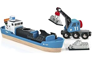 BRIO World - 33534 - Navire Porte Conteneurs - Accessoire pour circuit de train en bois - Vendu avec un wagon grue - Jouet pour garçons et filles dès 3 ans