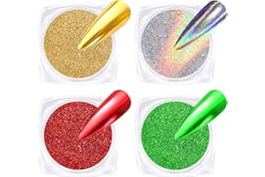 BISHENGYF Poudre Chrome Ongle Doré - 4 Colors NoëL Rouge Vert Poudre Ongle PailletéE PigmentéE Effet Miroir MéTallique, Doré Argent Poudres ChroméE Ongle Effet Holographi Ongle, Nail Art DIY Decor