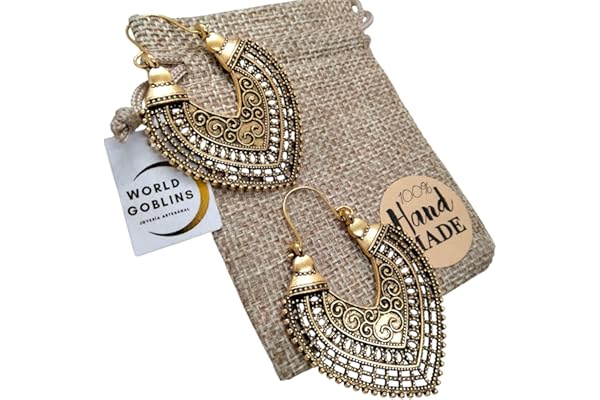 Pendientes Dorados Estilo Bohemio Vintage Chapados en Oro 14K | Aretes Diseño Geométrico Árabe Hueco, Bohemio Occidental Vintage | Joyería Artesanal Hecha en Córdoba. Regalo Original