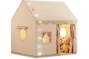 FREEAMG Kids Play Tent with Multi-Coloured Ball Lights & Storage Bag, Children's Playhouse Indoor Outdoor for 3-7 Year Old Boys Girls, Spacious Kids Tents 120x105x128cm, Toy House(Khaki)