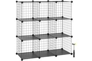 SONGMICS 9-Cube Wire Grid Storage Rack, Interlocking Shelving Unit with Metal Mesh Shelves and PP Plastic Sheets, for Books Shoes Clothes Tools, in Living Room Bathroom, Black LPI115H