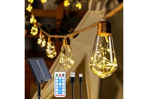 Ollny Solar Lights Outdoor Garden 6m Hemp Rope Festoon Light with Remote, USB Fairy String with 16 S17 Shatterproof Bulbs 160