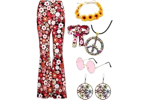 YADODO Hippie Kostüm Damen Set Hippie Schlaghose Bunt Hippie Peace Kette Brille Stirnband 60er 70er Jahre Mode Outfit Party Boho Hippie kleidung Damen Hosen Flower Power 70er Jahre Bekleidung Frau