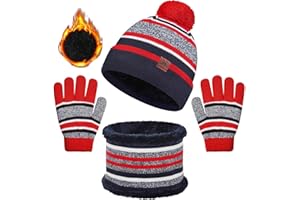 heekpek Winter Beanie Hat Scarf Gloves Set 3 in 1 Thermal Knitted Pompom Stripe Snood Scarf Gloves Set with Double Layer Fleece Lining for Kids Boys Girls 2-7 Year Old