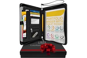 Lautus Designs Zippered Business Padfolio – Premium PU Leather Portfolio Organizer for Men or Women with Notepad & Gift Box (with iPad Sleeve, Black, Junior Legal (US) / A5 (UK, EU))