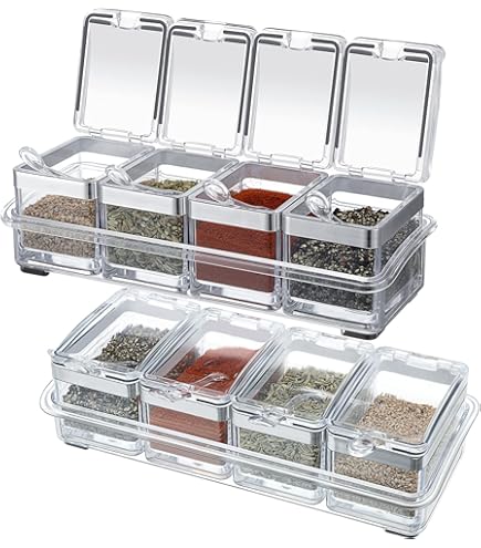 Masala Dabba Boîte à épices En Acier Inoxydable Avec Couvercle Transparent 7 Récipients Et 7 Cuillères En Forme De Ventre Argenté Taille 12