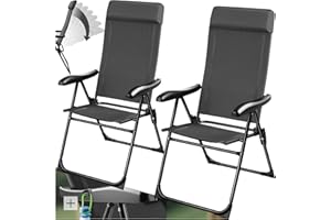 tectake® Set 2 Sedie Campeggio Pieghevoli, Schienale Regolabile 7 Posizioni, Alluminio Inossidabile, Textilene Traspirante, Braccioli Ergonomici, Cuscino Poggiatesta Rimovibile Antiscivolo - Antracite