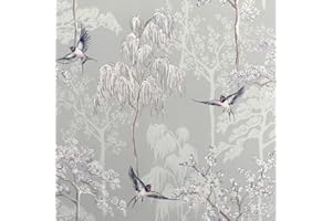 Arthouse Japanese Garden Grey Wallpaper - Hand Drawn Oriental Trees - Birds on a Soft Grey Background - Handrawn Pattern - Pearlescent Highlights adds Texture - Create a Relaxing Effect - 908105