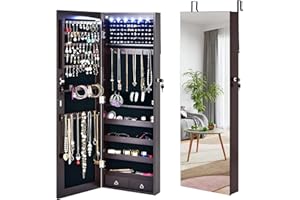 CASART 2 in 1 Jewellery Cabinet, Cosmetic Jewelry Armoire with LED Lights & Full Length Mirror, Lockable Makeup Storage Organizer for Bathroom and Living Room (Brown)