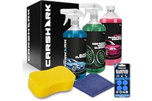 CARSHARK Car Cleaning Kit, Gift Set with Cherry Shampoo 1L, Wheel Cleaner 1L, Glass Cleaner 1L, Sponge, Microfibre Cloth, Screenwash Tabs