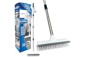 TDBS THE DUSTPAN AND BRUSH STORE Floor Squeegee Broom Scrubbing Brush with Stiff Brush Bristles and 4PC Broom Handle for Home and Commercial Use - Bathroom Cleaning Scrubber, Floor Sweeper Indoor for Tile or Wood Surfaces