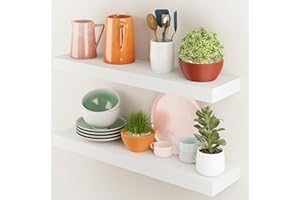 BAMEOS White Floating Shelves - 60cm x 15cm - Wall-Mounted Decorative Shelves, Set of 2, Suitable for Bathroom, Kitchen, Living Room, Bedroom Storage