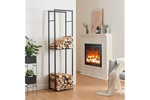 [en.casa] Soporte para Leña de 2 Niveles Uso Interior Estantería para Almacenar Leña Madera Cortada Accesorios de Chimenea Acero Aglomerado 170 x 45 x 30 cm - Negro Grano de Madera