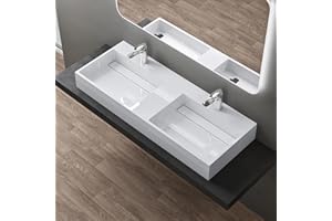 doporro Lavabo da Appoggio, Lavabo Bagno Sospeso 120x48x13cm, Lavandino Bagno Rettangolare da Marmo Fuso Colossum12-1200, due fori di rubinetti