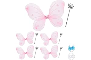 Relaxdays 5 x Feenflügel mit Zauberstab, Fee Kostüm Kinder, Flügel & Zepter, Elfen Kostüm Glitzer, Mädchen, Feenset, pink & Silber