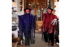 Purpledi 2 st halloween hängande spökdekoration, skelett med ljusa ögon och ljudeffekter, skrämmande hängsmycke halloween