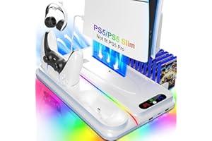 COCUBAL PS5/slim Stand,Playstation 5 Slim Cooling Station with Dual Hard PS5 Controller Charger 3 Quiet Level Fan,3 USB Hub Fast Charge 9 RGB Light Drive for All Version Disc & Digital Console(Upgraded)