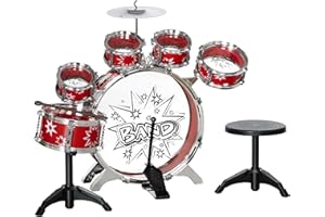 AIYAPLAY Batería Infantil con Taburete Batería para Niños de +3 Años con Tambores Bombo Platillo Pedal y Baquetas Diseño con Tema de Estrellas 65x22x57 cm Rojo