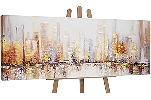YS-Art Abstract acrylic painting Morning in the city Colorful cityscape motive Modern hand painted artwork Wall decor art 60x20 inch