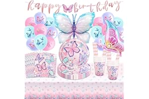 FOESIHEP Schmetterling Pappteller Kindergeburtstag Deko Mädchen- Schmetterling Geburtstag Partygeschirr Set Geburtstagsdeko Geschirr Tischdecke Servietten Girlande Luftballon Tortendeko Party Deko für 20 Gäste