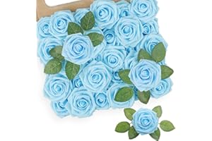 N&T NIETING 25 Rosas Artificiales, Rosas Falsas con Tallos de Tacto Real para Bodas, Ramos de Novia, día de San Valentín, día de la Madre, Baby Shower, decoración del hogar (Azul Claro)