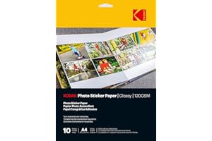 KODAK Photo Sticker Paper - Papier Photo Autocollant, Finition Brillante, Pack de 10 Feuilles, Format A4 (21x29,7cm), 120 gsm, Compatible avec Imprimantes Jet d'Encre