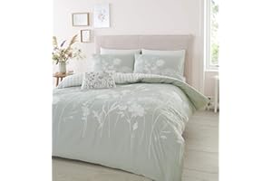 Catherine Lansfield Meadowsweet Floral Reversible Double Duvet Cover Set with Pillowcases Green