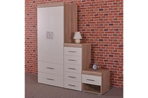 DRP Trading White & Sonoma Oak 3 Piece Bedroom Furniture Set, Complete Bedroom Ensemble, 1 Drawer Chest, 5 Drawer TallBoy Chest, 2 Door Wardrobe, Bedroom Organisation, Room Storage, Elegant Decor…