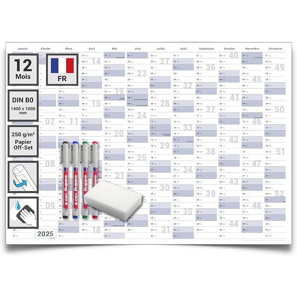 Calendrier Mural 2025 XXL (74,2 X 52,5 Cm) Avec Jours Fériés Français - Agenda Annuel Pratique
