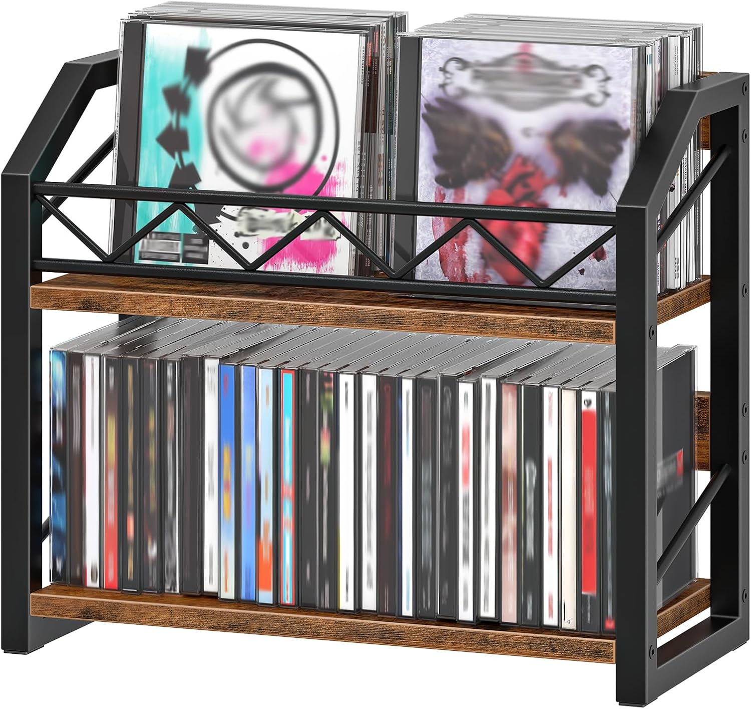 HOOBRO 2-Tier CD Storage, CD Rack with Non-Slip Feet, Holds up to 55 DVDs, CD/DVD Holder, Space-Saving Desktop Organiser, Rustic Brown and Black EBF22CJ01