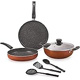 Nirlon Brownie Granite 7-Piece Aluminum Non Stick Cookware Combo Gift Set (Compatible with Gas & stovetops)