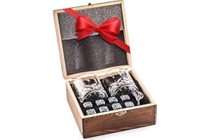 Amerigo 𝗕𝗘𝗦𝗧 𝗚𝗜𝗙𝗧 Deluxe Whisky Steine Geschenkset - Sei Anders bei der Geschenkauswahl - Luxus Handgemachte Holzkiste mit 2 Whiskey Gläsern - 8 Granit Kühlsteine - Whisky Stones Gift Set