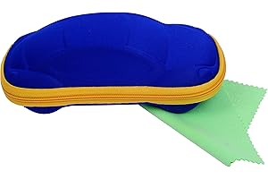 JOXIGO Kinder Brillenetuis für Jungen und Mädchen Karikatur Auto-Form Reißverschluss + Grün Mikrofaser Brillenputztuch