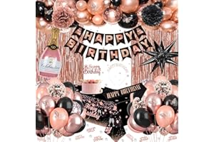 WEQTWL Rose Gold Black Birthday Decorations with Happy Birthday Banner, Latex Confetti Balloons, 3D Butterfly, Fringe Curtain, Tablecloth, Sash Tiara Crown, Pom Poms for Women Girls Princess Party Supplies