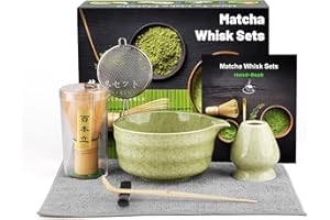 DULEIAU RAVFD Matcha Kit (7pcs), Juego de té japonés, Batidora de Matcha de Bambú, Cuenco de Matcha, Cuchara, Colador, Portacucharas, Soporte para la Batidora,Kit de Ceremonia Matcha -Té verde